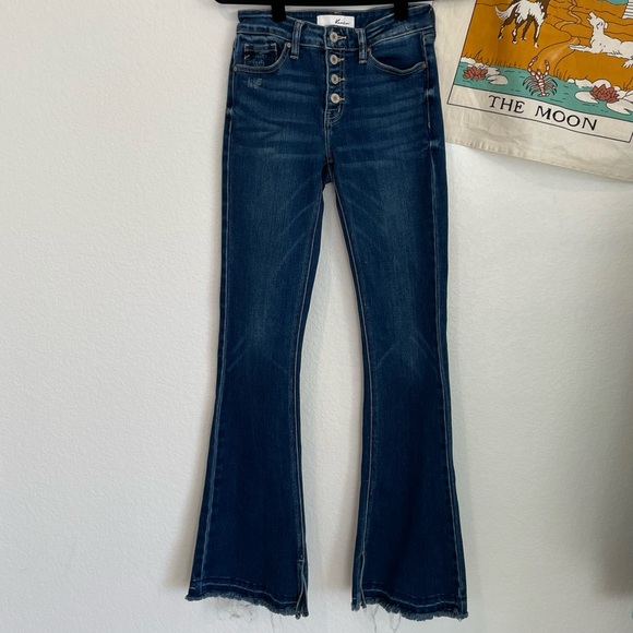 KanCan High Rise Flare Leg button fly Dark Wash Blue Jeans Size: 5 - Picture 2 of 14